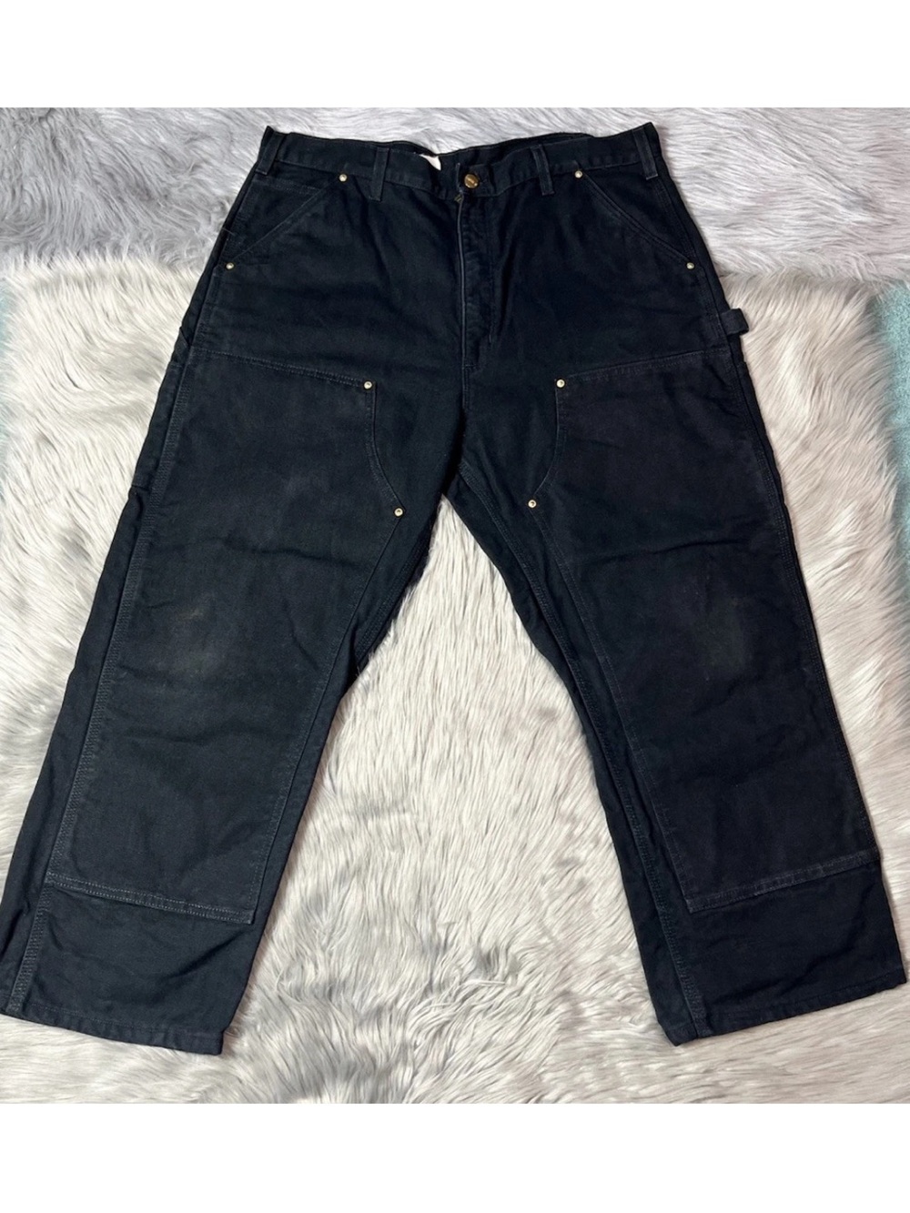 ALTERED, HEMMED* Carhartt Black Flannel Lined 100071 Double Knee Dungaree Pants